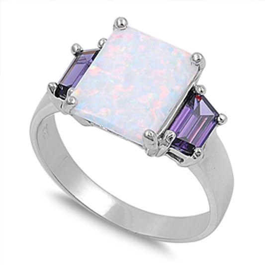 White Lab Opal Solitaire Polished Unique Ring Sterling Silver Band Sizes 5-10