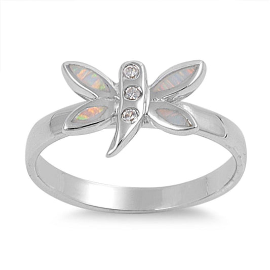 White Lab Opal Butterfly Dragonfly Ring New .925 Sterling Silver Band Sizes 5-9