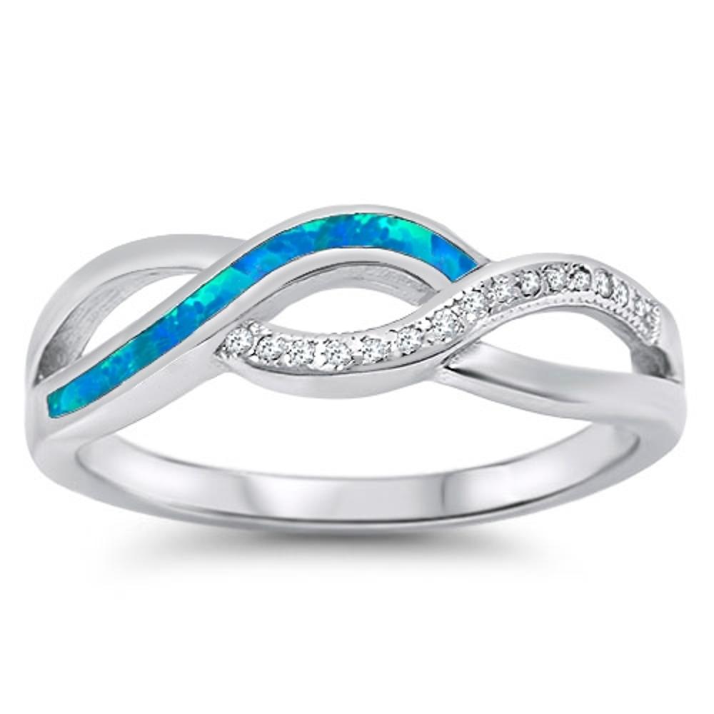 Wave Blue Lab Opal Clear CZ Promise Ring .925 Sterling Silver Band Sizes 4-12