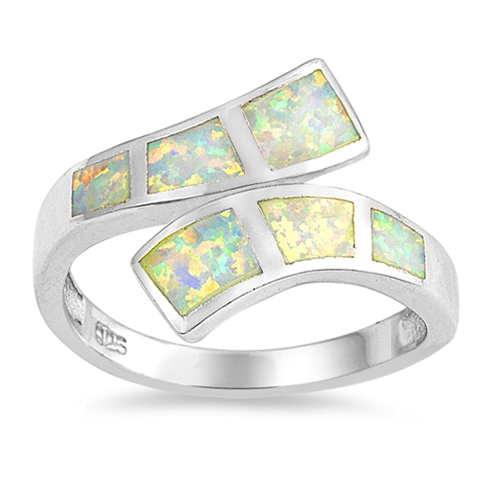 White Lab Opal Wave Double Shank Cocktail Ring Sterling Silver Band Sizes 5-10