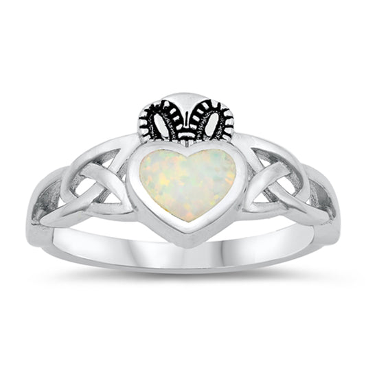 White Lab Opal Celtic Knot Claddagh Heart Ring Sterling Silver Band Sizes 5-10