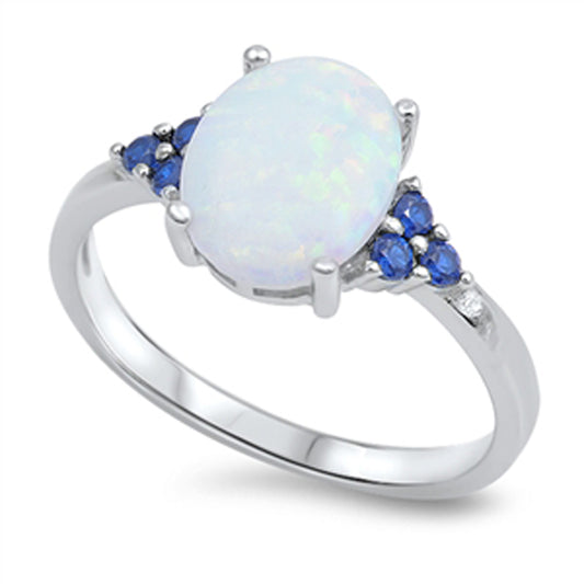 White Lab Opal Blue Sapphire CZ Ring New .925 Sterling Silver Band Sizes 4-12