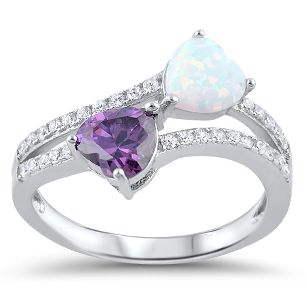 Amethyst CZ White Lab Opal Double Heart Ring New .925 Sterling Silver Sizes 5-10