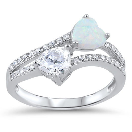 White Lab Opal Double Heart Promise Ring New 925 Sterling Silver Band Sizes 5-10