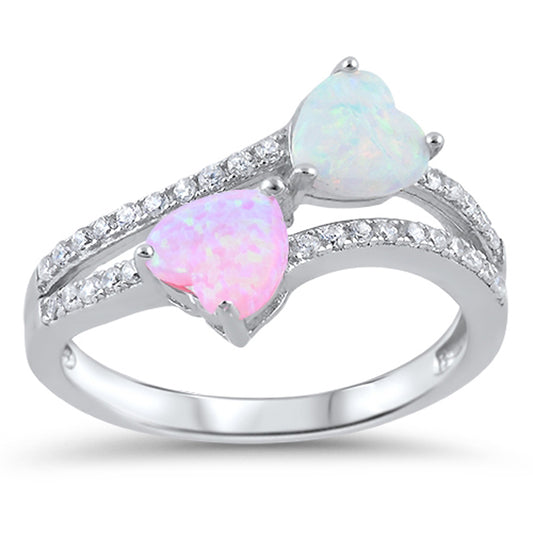 White CZ Pink Lab Opal Infinity Heart Ring .925 Sterling Silver Band Sizes 5-10