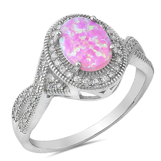 White CZ Pink Lab Opal Vintage Oval Ring .925 Sterling Silver Band Sizes 5-12