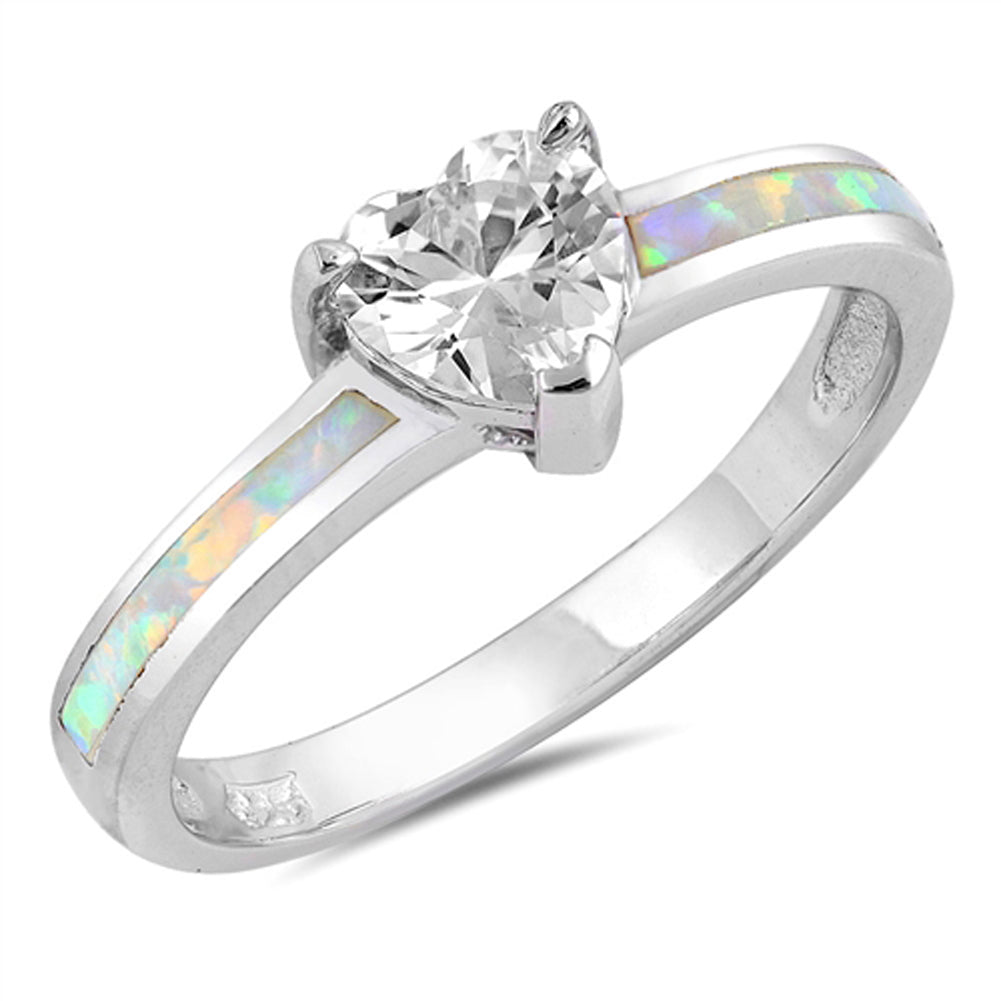 Clear CZ White Lab Opal Heart Promise Ring .925 Sterling Silver Band Sizes 5-10