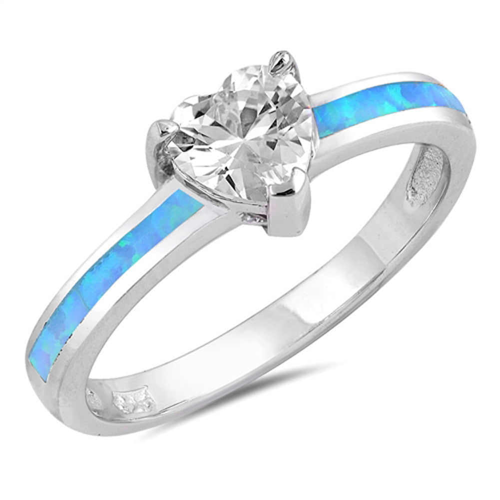 Clear CZ Blue Lab Opal Heart Promise Ring .925 Sterling Silver Band Sizes 5-10