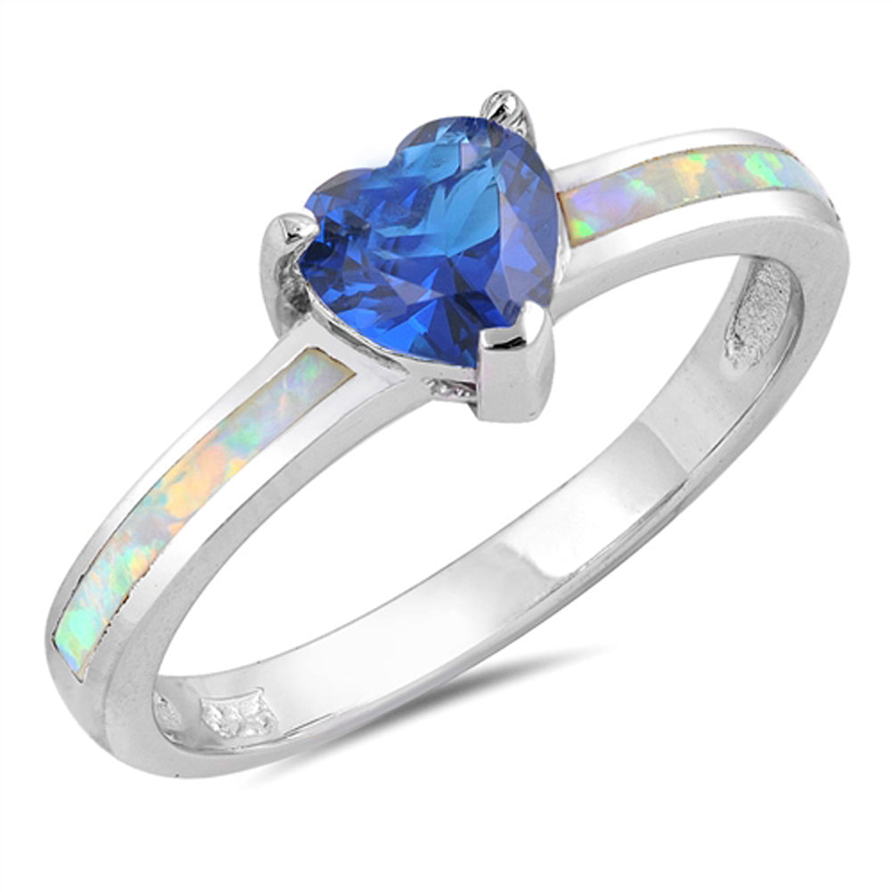 Sterling Silver Blue Sapphire CZ White Lab Opal Heart Promise Ring Sizes 5-10