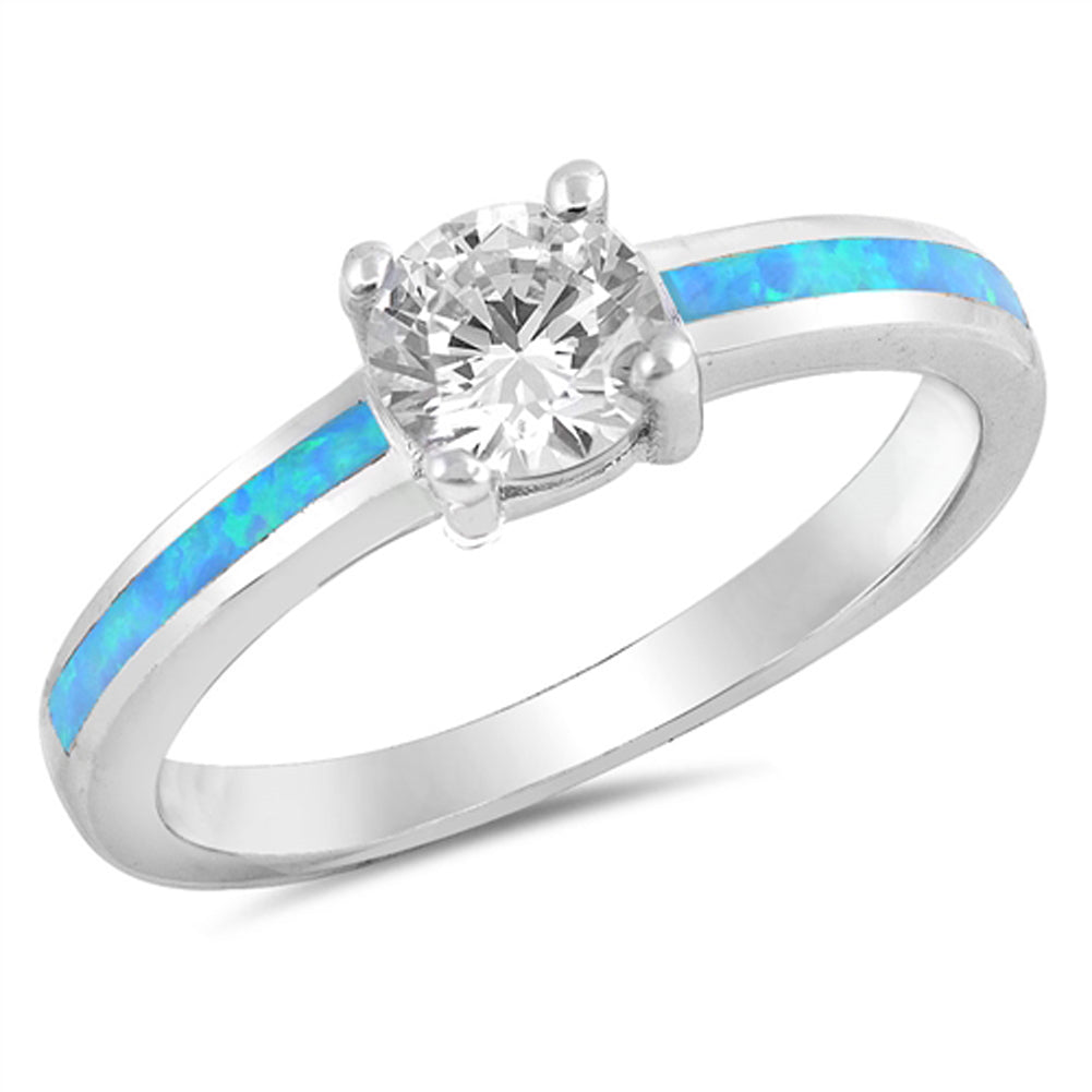 Round White CZ Blue Lab Opal Wedding Ring .925 Sterling Silver Band Sizes 5-10