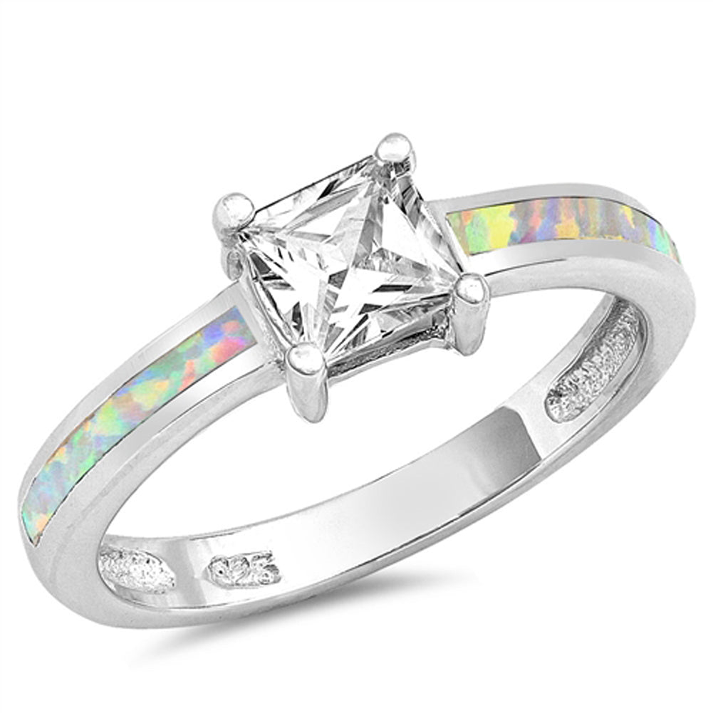 Clear CZ White Lab Opal Square Princess Ring 925 Sterling Silver Band Sizes 5-10