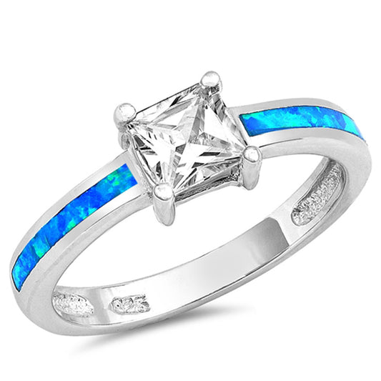 White CZ Blue Lab Opal Square Princess Ring .925 Sterling Silver Band Sizes 5-10