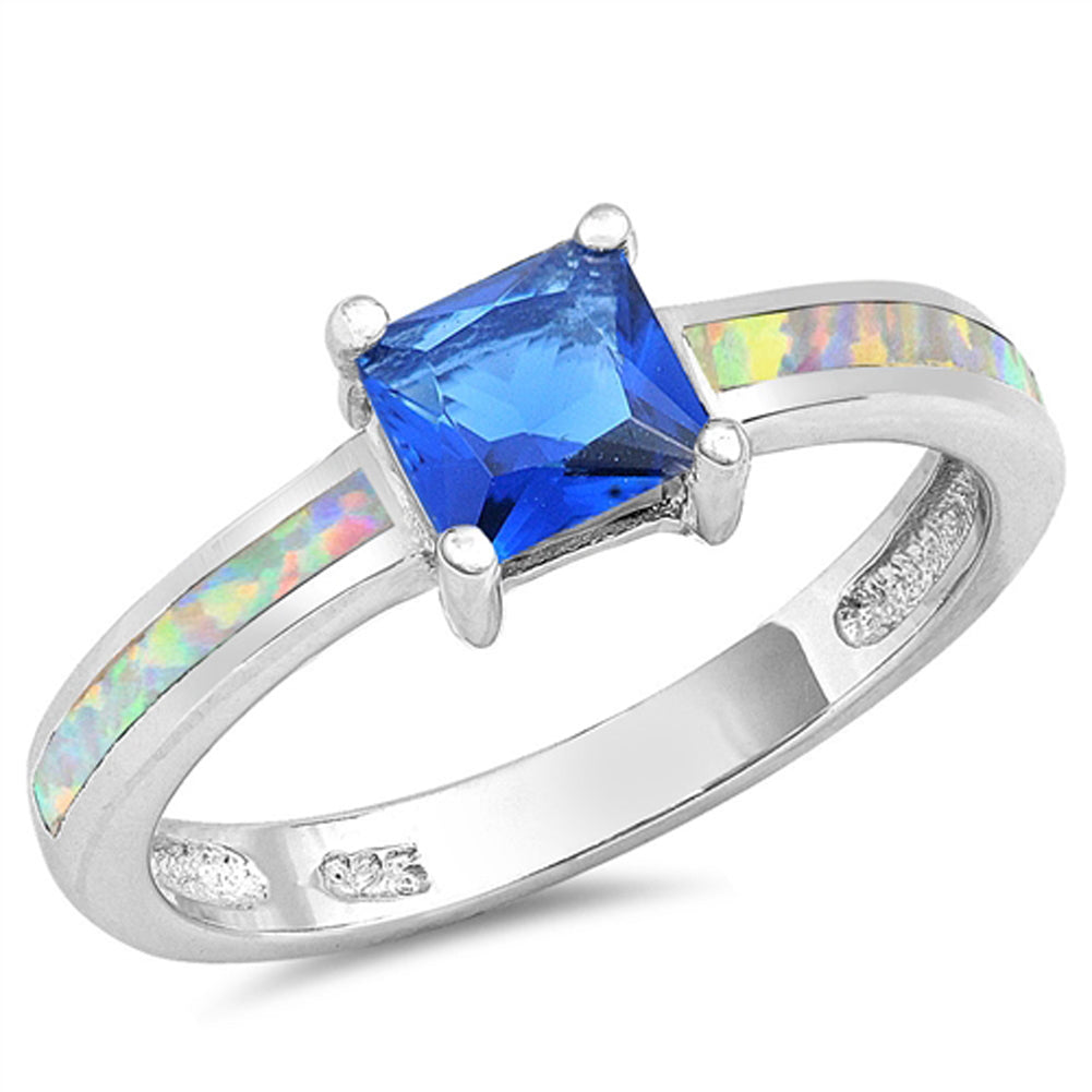 Blue Sapphire CZ White Lab Opal Square Ring .925 Sterling Silver Band Sizes 5-10