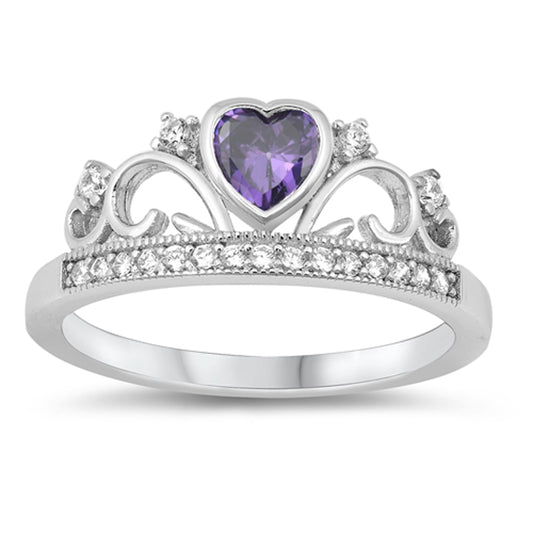 Amethyst CZ Heart Crown Queen Ring .925 Solid Sterling Silver Band Sizes 5-10