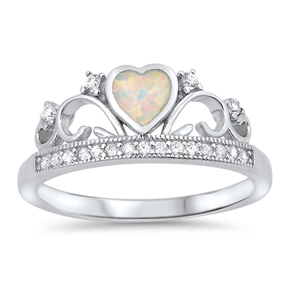 White Lab Opal Heart Tiara Crown Promise Ring Sterling Silver Band Sizes 4-12