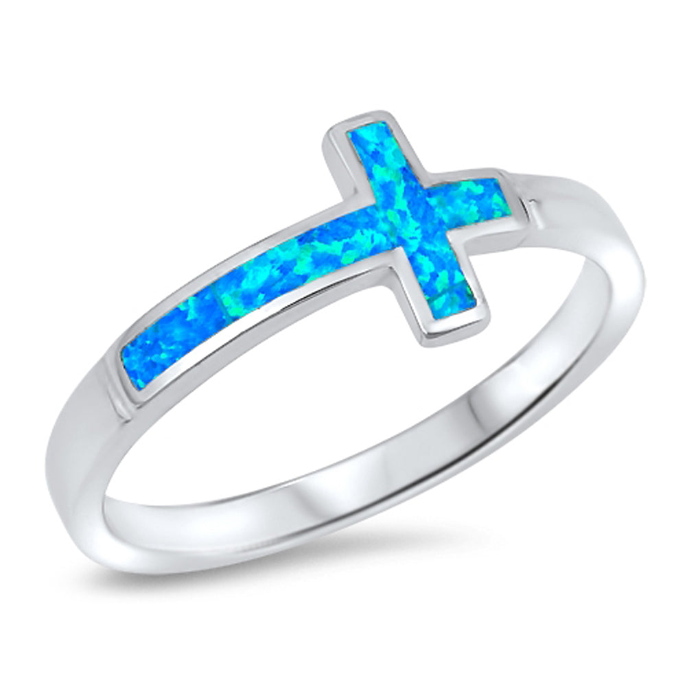 Blue Lab Opal Sideways Cross Ring New .925 Sterling Silver Love Band Sizes 4-12