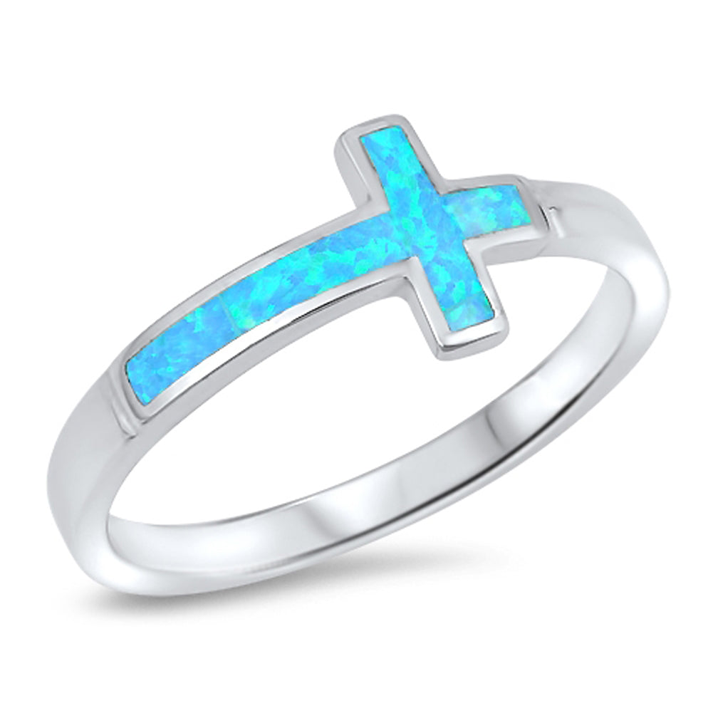 Blue Lab Opal Sideways Cross Ring .925 Sterling Silver Christian Band Sizes 4-12