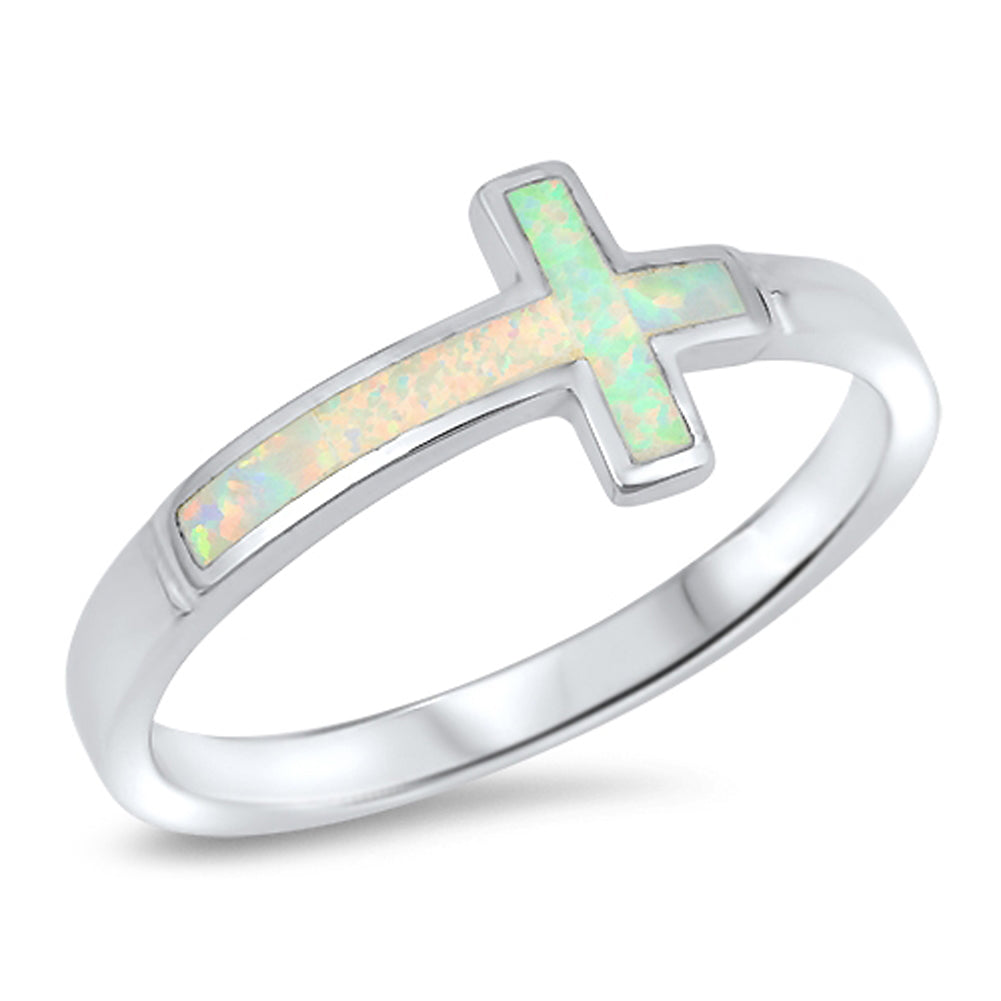 White Lab Opal Sideways Cross Christ Ring .925 Sterling Silver Band Sizes 4-12