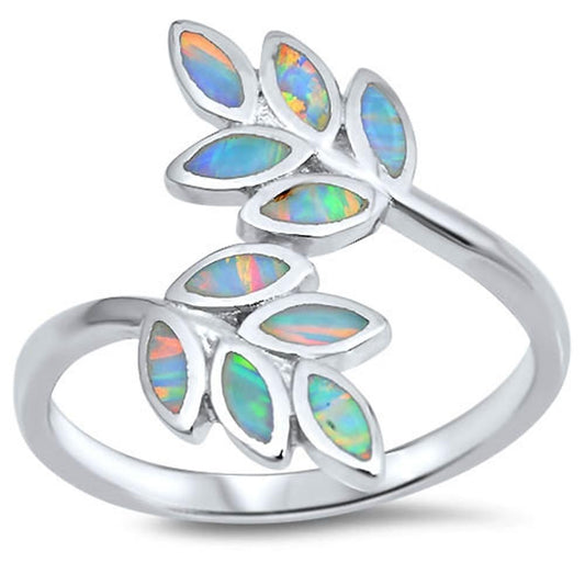 White Lab Opal Leaf Branch Vine Tree Ring .925 Sterling Silver Band Sizes 4-12