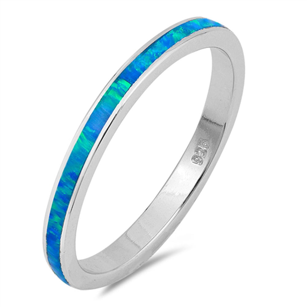 Blue Lab Opal Polished Thin Wedding Ring .925 Sterling Silver Band Sizes 4-12