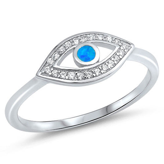 White CZ Blue Lab Opal Evil Eye Halo Ring .925 Sterling Silver Band Sizes 4-12