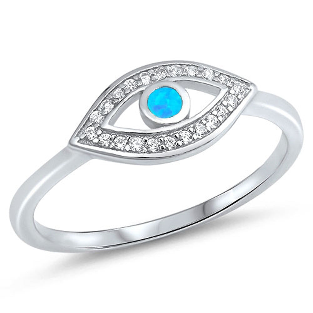 Clear CZ Blue Lab Opal Evil Eye Halo Ring .925 Sterling Silver Band Sizes 4-12