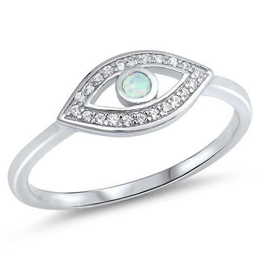 White Lab Opal Evil Eye Halo Ring .925 Sterling Silver Good Luck Band Sizes 4-12