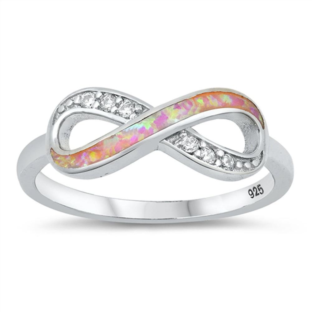 Clear CZ Pink Lab Opal Infinity Knot Ring .925 Sterling Silver Band Sizes 4-12