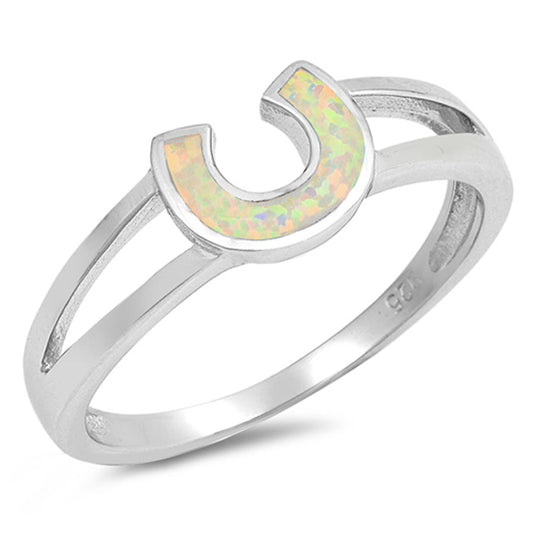 White Lab Opal Horseshoe Good Luck Ring New .925 Sterling Silver Band Sizes 4-10