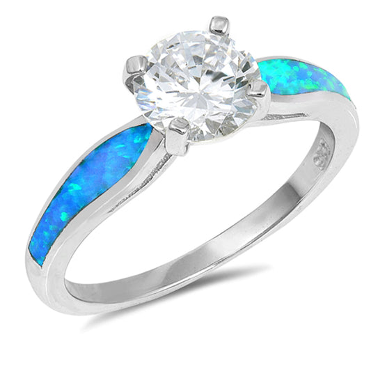 White CZ Solitaire Blue Lab Opal Wedding Ring Sterling Silver Band Sizes 5-10