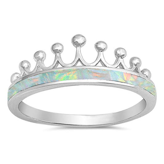 White Lab Opal Crown Tiara Princess Ring .925 Sterling Silver Band Sizes 4-12