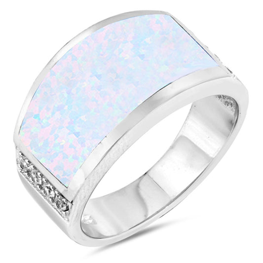 Wide Large White Lab Opal Fashion Ring New .925 Sterling Silver Band Sizes 5-12