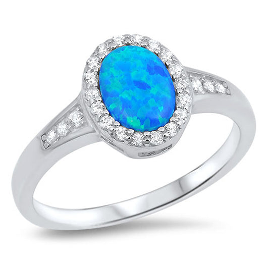 White CZ Oval Blue Lab Opal Halo Ring New .925 Sterling Silver Band Sizes 4-10