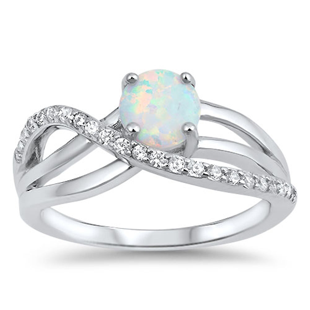 White CZ Knot Round White Lab Opal Solitaire Ring 925 Sterling Silver Sizes 5-10