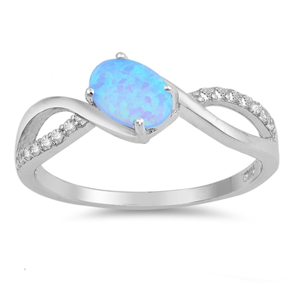 White CZ Blue Lab Opal Sideways Oval Ring .925 Sterling Silver Band Sizes 4-12