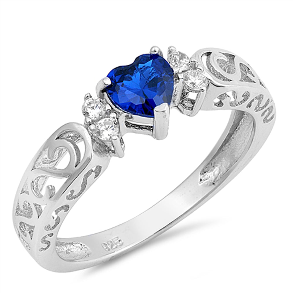 Blue Sapphire CZ Heart Solitaire Ring New .925 Sterling Silver Band Sizes 5-10