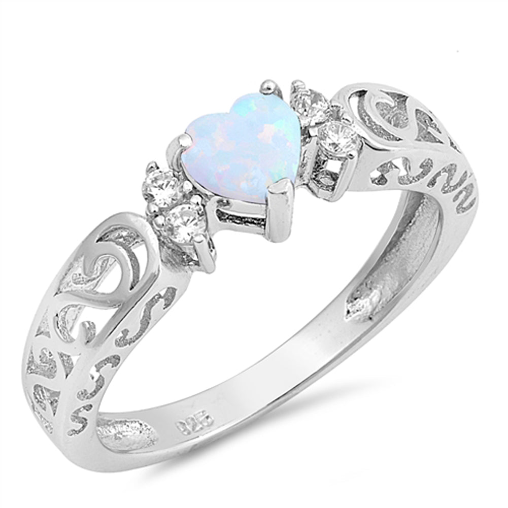 White Lab Opal Filigree Heart Promise Ring .925 Sterling Silver Band Sizes 5-10
