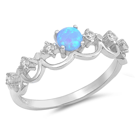 White CZ Round Blue Lab Opal Crown Ring New .925 Sterling Silver Band Sizes 5-10