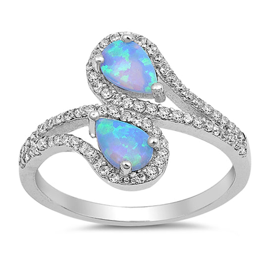 White CZ Blue Lab Opal Teardrop Halo Ring .925 Sterling Silver Band Sizes 5-10