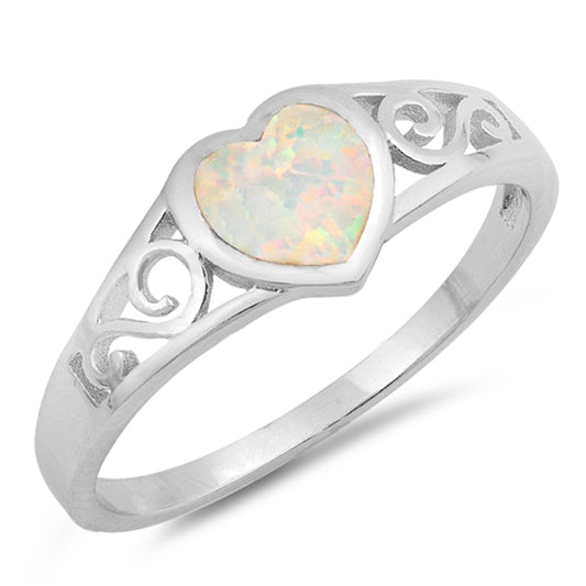 White Lab Opal Filigree Heart Promise Ring .925 Sterling Silver Band Sizes 4-10