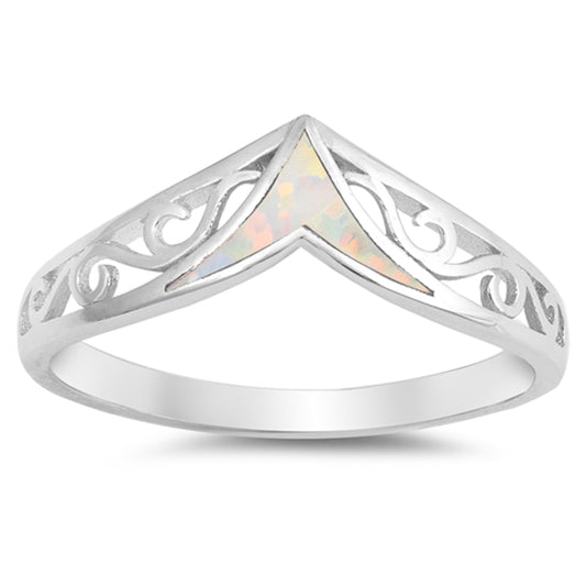 White Lab Opal Pointed Filigree V Ring New .925 Sterling Silver Band Sizes 4-10