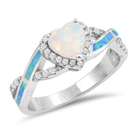 White Lab Opal Heart Promise Criss Cross Ring Sterling Silver Band Sizes 5-10