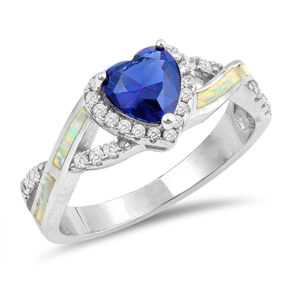 Blue Sapphire CZ Heart Criss Cross Promise Ring Sterling Silver Band Sizes 5-10