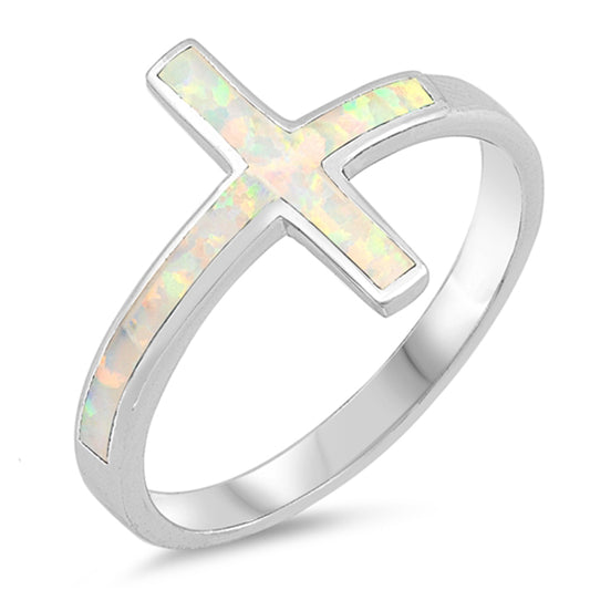 White Lab Opal Cross Religious Ring .925 Sterling Silver Thumb Band Sizes 4-10