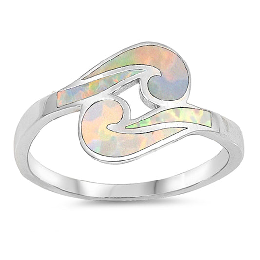 White Lab Opal Twisted Swirl Wave Cocktail Ring Sterling Silver Band Sizes 5-10