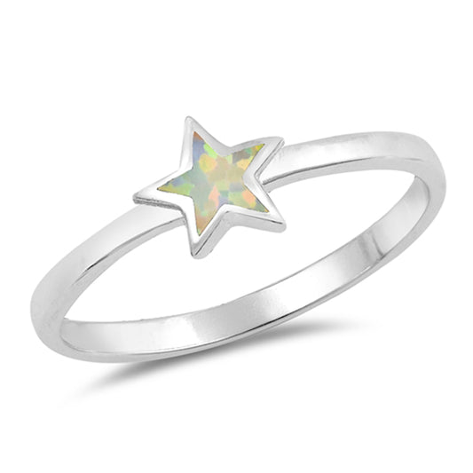 White Lab Opal Star Fire Inlay Dainty Cute Ring Sterling Silver Band Sizes 4-10