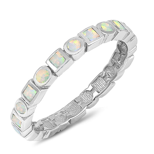 White Lab Opal Square Circle Eternity Ring .925 Sterling Silver Band Sizes 5-10