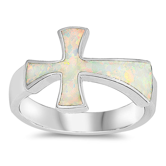 White Lab Opal Sideways Cross Christian Ring 925 Sterling Silver Band Sizes 5-10