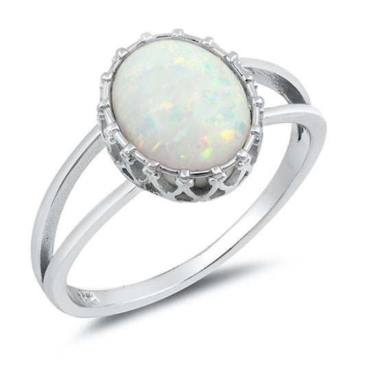 White Lab Opal Oval Solitaire Raised Ring .925 Sterling Silver Band Sizes 5-10