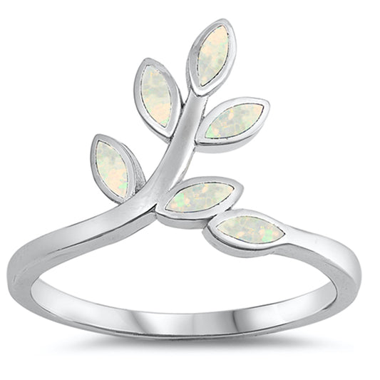 White Lab Opal Branch Tree Leaf Wide Ring .925 Sterling Silver Band Sizes 5-10